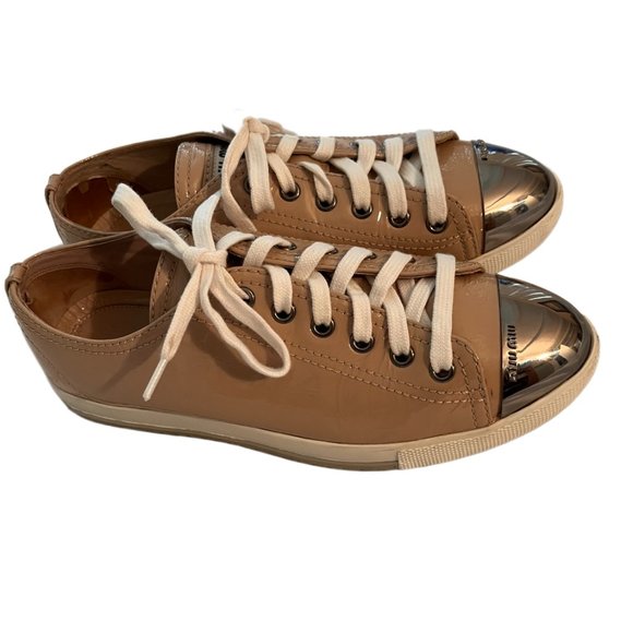 Miu Miu Tan Patent Leather Metal Cap Toe Sneakers Size 36 (US Size 6) - Picture 12 of 15